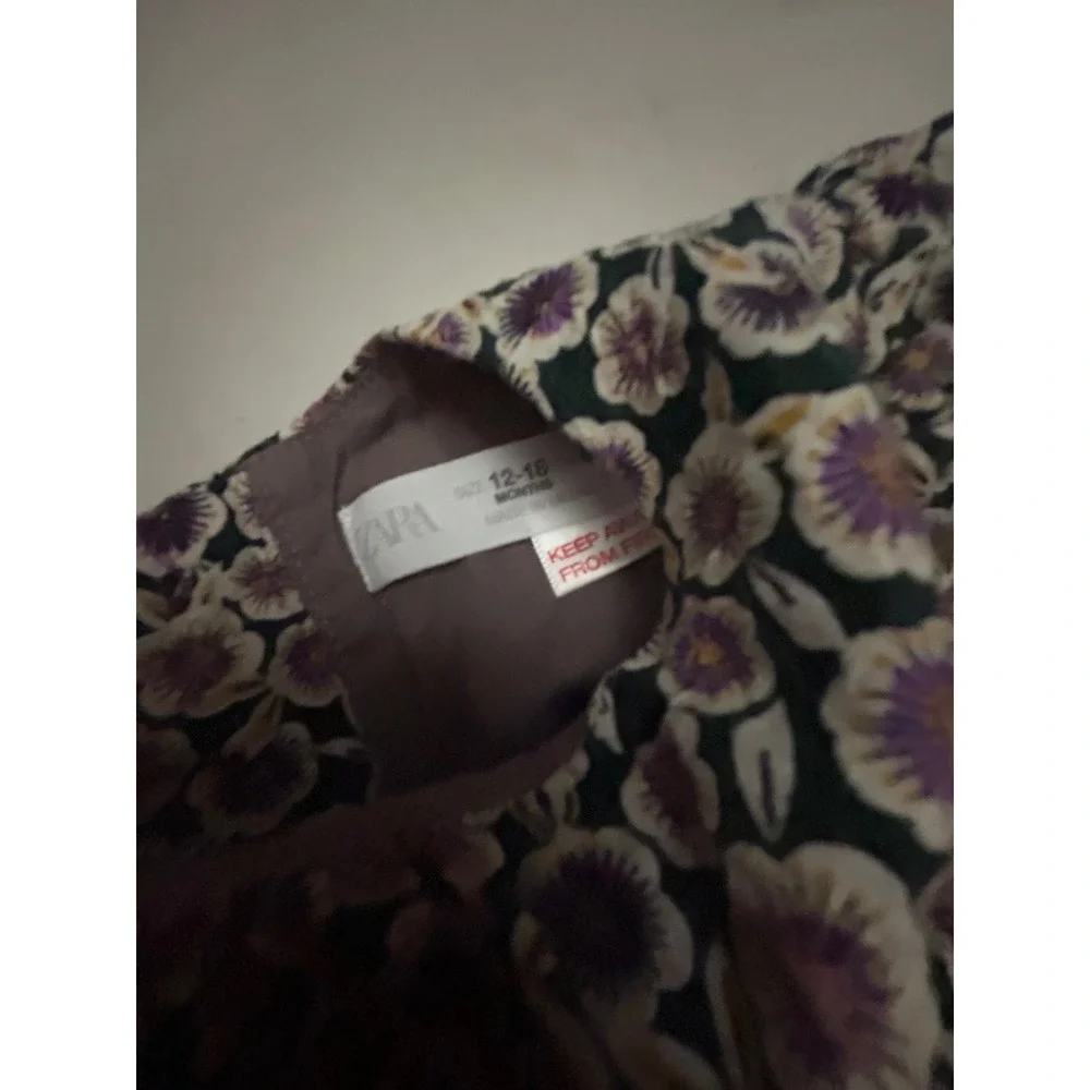 Zara‎ cottagecore Baby Girl Puff Sleeve Blouse Purple Green 12-18 Months